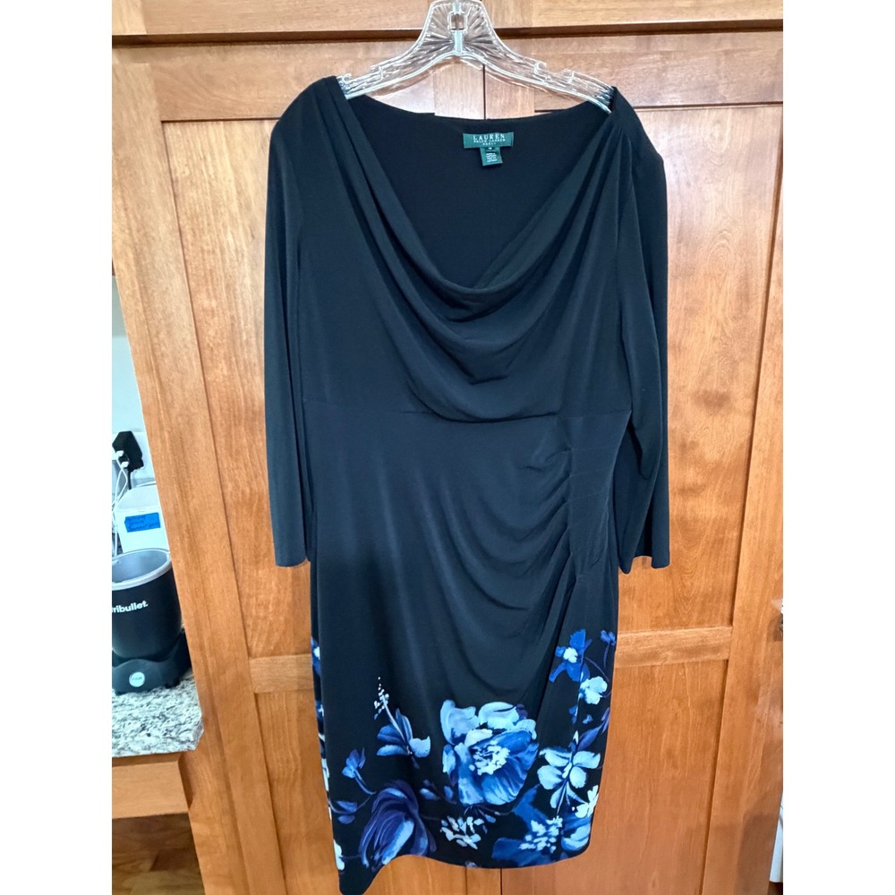 Lauren Ralph Lauren Black Blue Floral Cowl Neck Ruched Sheath Dress 16